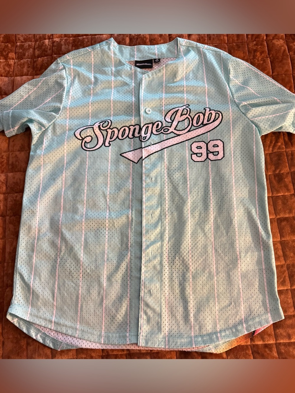 Spongebob Square Pants Baseball Jersey Teal Pin Stripe Mens Medium Nickelodeon